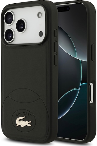 Apple Uyumlu iPhone 17 Pro Kılıf Lacoste Lisanslı M-safe Şarj Özellikli Pu Deri Metal Logolu Kapak Siyah Siyah