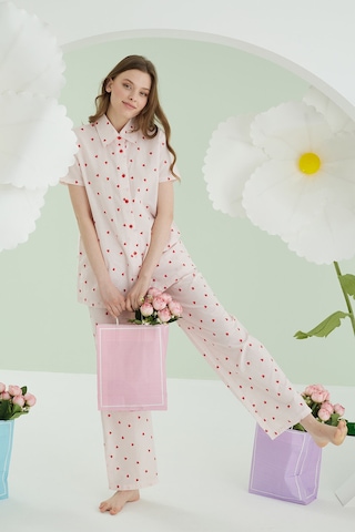 Nbb Kadın Pembe Kalpli Önden Düğmeli Pijama Takım