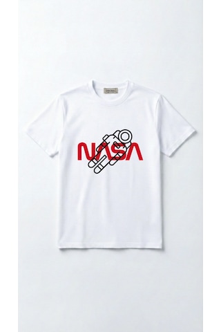 Unisex Düz Renk Nasa Dijital Baskılı Bisiklet Yaka Basic Tişört Beyaz