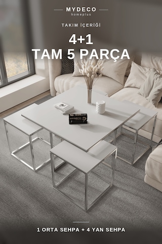 OTTOWA 5 PARÇA GOLD ZİGON SEHPA TAKIMI — BEYAZ MDF