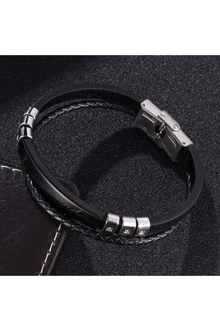 Erkekler İçin Moda Çok Katmanlı Deri Bileklikler Paslanmaz Çelik Klasik Kişiselleştirilmiş Bilezik Hediye Siyah