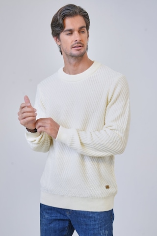 Beyaz Regular Fit Yünlü Örgü Desenli Bisiklet Yaka Triko Kazak-beyaz Beyaz