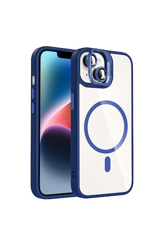 iPhone Uyumlu 14 Kılıf Standlı + Kamera Lens Koruma Setli M-safe Şarj Özellikli Mkst Etro Kapak Lacivert Lacivert