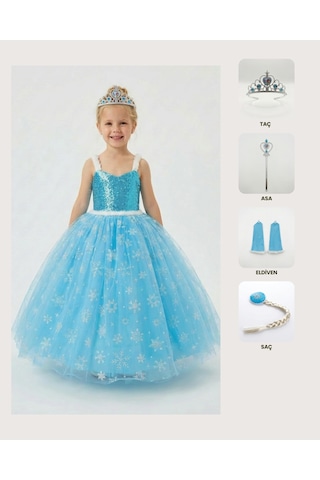 Butikhappykids Frozen Elsa Kostümü Askılı Kız Çocuk Prenses Elbisesi Taç Asa Eldiven Saç Hediyeli Mavi