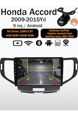 Honda Accord 2009-2015 Uyumlu 4gb Ram 32gb Android Navigasyon Multimedya Tesla Ekran Android Teyp Double Teyp Kablosuz Carplay Android Auto Bluetooth Wifi Gps Geri Görüş Kameralı 9"