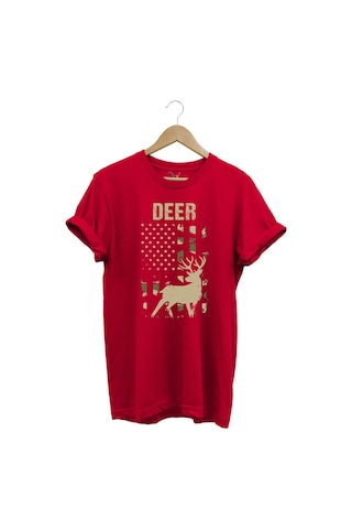 Avcılık Hunter Geyik Avcılığı Deer Hunt Baskılı Kamuflaj Desenli Regular Fit Kırmızı T-shirt Kırmızı