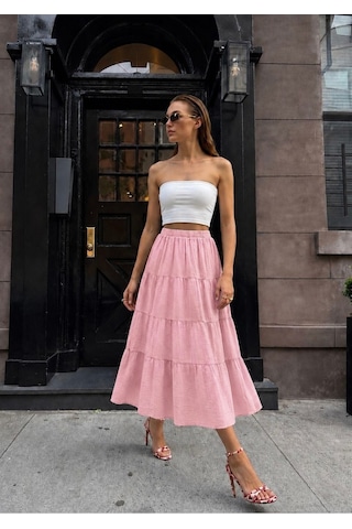 Bisou Pembe Beli Lastikli Volan Detaylı Astarlı Yazlık Maxi Etek Pembe