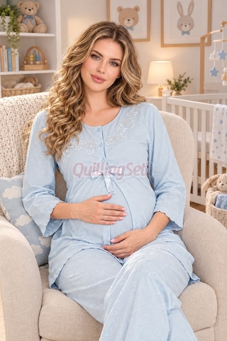 Quilling Lady Bebe Mavi Renkli, Dantel Detaylı 33209 Uzun Kol, 2 Parça Lohusa Hamile Pijama Takımı Açık Mavi M - L