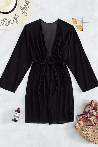 Angelsin Uzun Önden Bağlamalı Plaj Elbisesi Pareo Kimono Siyah