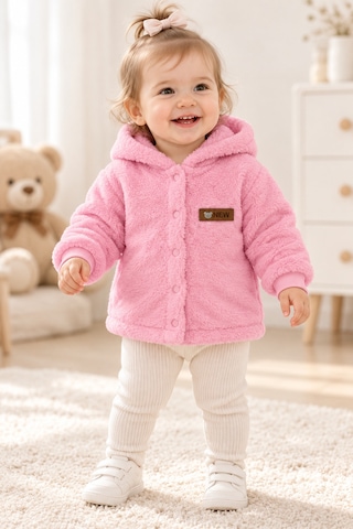 Beniizle Kapüşonlu Unisex Welsoft Yumuşak Dokulu Çıtçıtlı Kışlık Bebek Hırkası Pembe