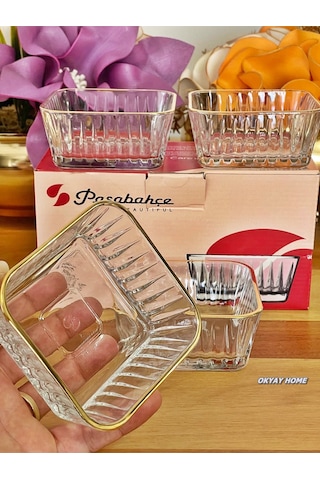 Okyay Home Paşabahçe Frezya 4'lü Yaldızlı Kase Dondurmalık Çerezlik Hediyelik Çeyizlik Şeffaf-gold