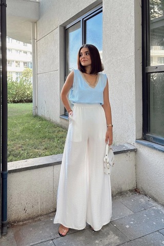 WeShaya Beyaz Beli Lastikli, Cepli, İspanyol / Bol Paça Özel Kumaş, Rahat Kalıp Pantolon - Tesettüre Uygun Beyaz