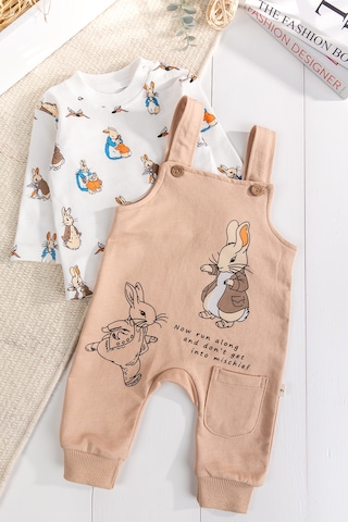 Babymod Tavşan Fiğürlü 2'li Erkek Bebek Salopet Tulum Bej