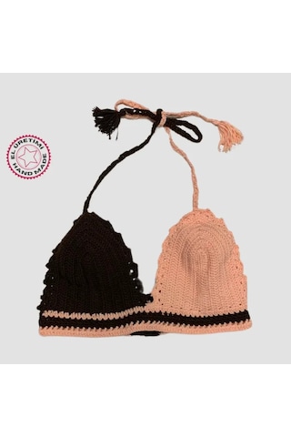 Uretti - Aslı 5776 - El Yapımı Pembe - Kahverengi Crop Top Kahverengi - Pembe