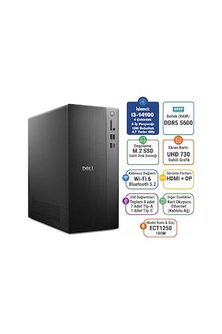 Dell Tower ECT1250RPLSR013-U i3-14100 8 GB 512 GB SSD Ubuntu Masaüstü Bilgisayar