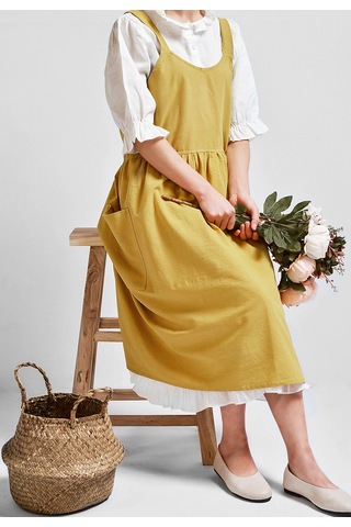 Dianziye Gönüllü Kumaş Mutfak Fırın Çalışma Apronu - Logo Baskılı, Dayanıklı, Tabanlı Model, Sarı, Tek Beden