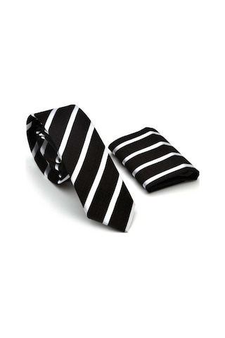 Gaffy Beyaz Verev Çizgili Siyah Dokuma Kumaş Mendilli Slim Fit Kravat Siyah