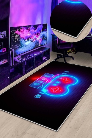 West Home Gamer Halısı Yıkanabilir Kaymaz Taban Led Işık Görselli Genç Odası Için Oyuncu Halısı Wh 545 Blue