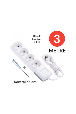 Tek-iş Grup Priz Topraklı 4 Lü 3 Metre + Kontrol Kalemi Çoklu Priz Seyyar Ara Kablo Uzatma Kablosu 0 M