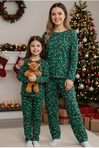Siyah İnci %100 Pamuklu Şeker Baston Desenli Yılbaşı Temalı Örme Pijama Takım Yeşil Baston
