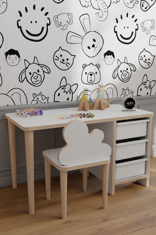 3 Sepetli Çocuk Masa Sandalye Takımı, Yaz Sil Aktivite Masası, Bulut Tasarımlı Sandalye, Ergonomik Masa