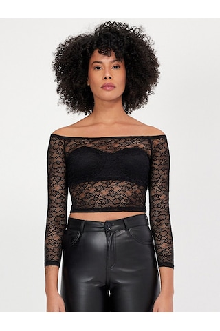 Ltb Dantel Omuzu Açık Crop Top Sweatshırt Siyah 013198124261622 - 200