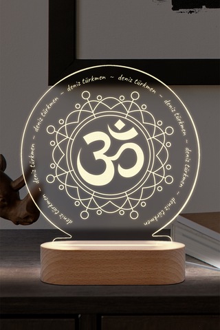 Yoga Om Sembollü Kişiye Özel Ledli Gece Lambası Masif Ahşap Tabanlı Usb Kablolu Pleksi Led Gece Lambası