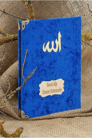 25 Adet - İsme Özel Kadife Kaplı Yasin Kitabı - Mevlüt Hediyesi - Çanta Boy - 128 Sayfa - Mavi Mavi