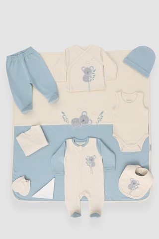 Koala Nakışlı 10 Parça Hastane Çıkışı Zıbın Seti %100 Pamuk Mavi