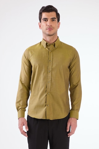 Dufy Koyu Sarı Erkek Slim Fit Düz Brent Düğmeli Yaka Uzun Kol Gömlek - 102489 Koyu Sarı
