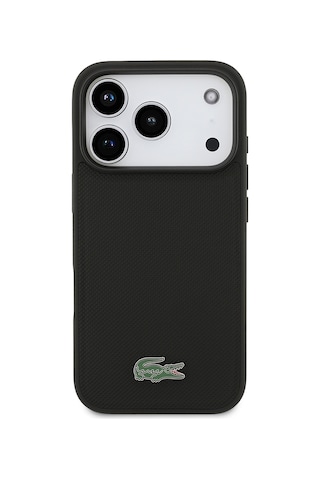 Apple Uyumlu iPhone 18 Pro Kılıf Lacoste Lisanslı M-safe Şarj Özellikli Pu Pike Desenli Metal Logolu Kapak Siyah
