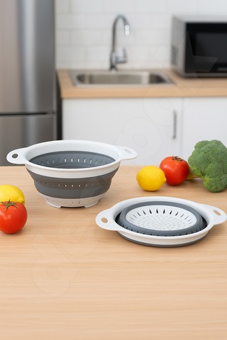 Yer Kaplamaz Katlanır Yuvarlak Süzgeç - Katlanabilir Yuvarlak Yıkama Süzgeci - Akordiyon Süzgeç Beyaz - Gri