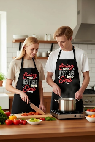 Unisex Mutfak Aşçı Önlüğü Retro Tipografi Baskılı Yaşamak Yemek F Siyah