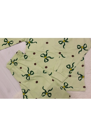 Durukoza %100 Pamuk Kız Çocuk Pijama Takımı Fiyonklu 4 Mevsim Açık Yeşil