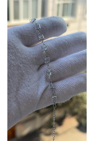 Kadın Gümüş Renk Prenses Kesim Zirkon Taşlı Bileklik 18 Cm