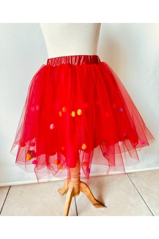 Gala İçi Ponponlu Kız Çocuk Tütülü Etek Kırmızı