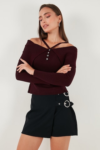 Lela Premium Fitted Fit Carmen Yaka Ip Askı Detaylı Triko Bayan Kazak 680Kz00076 Bordo