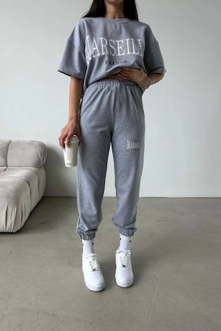 Marseille T-shirt Eşofman Altı Jogger - Gri Baskılı Alt Üst Eşofman Takımı Oversize Bisiklet Yaka Gri