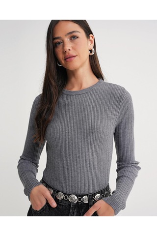 Mixray 6938 Kadın Bisiklet Yaka Fitilli Triko Body Gri
