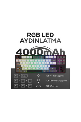 Hk220 Membrane Rgb Kablosuz/bluetooth Siyah Beyaz Tkl Türkçe Gaming Klavye