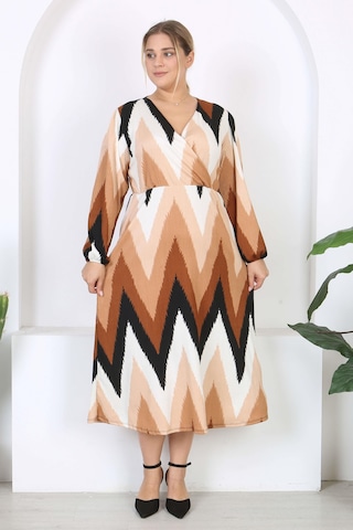 Mooi Xxl Kadın Kahve Zigzag Desen Kruvaze Yaka Balon Kol Maxi Boy Bürümcük Elbise Kahverengi