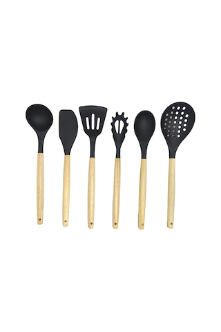 Ivory Doğal Bambu Saplı %100 Silikon Mutfak Seti 6 Parça Siyah