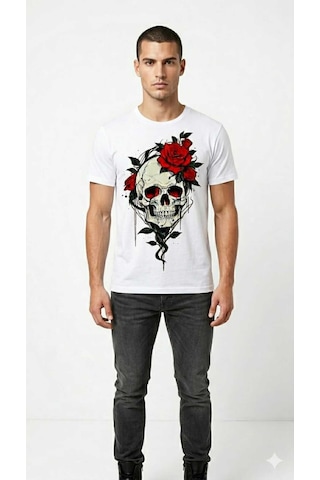 Erkek Kuru Kafa Kırmızı Gül Detayı Baskılı Pamuklu Regular T-shirt Beyaz