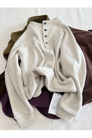 Snapbuy Düğmeli Polar Kadın Sweatshirt Krem