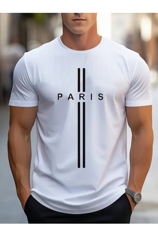 Noıssey Beyaz Erkek Oversize Siyah - Beyaz Bisiklet Yaka Paris Yazı Baskılı