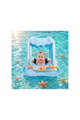 Kara Mavi Gölgelikli Tenteli Çocuk Deniz Simiti Baby Float Bebek Deniz Simiti 0-3 Yaş Bebek Botu Mavi