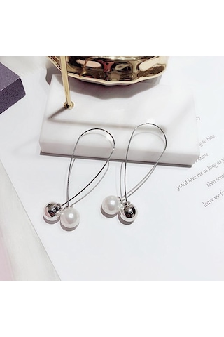 Mizaç Çift Taraflı Uzun Küpeler Kadın Sevimli Metal Minimalist El Yapımı İnci Küpeler Gümüş