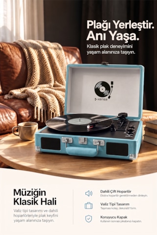 Kensa Bluetooth Lu Nostaljik Çantalı Pikap 33/45/78 Devir Dahili Bataryalı Plak Çalar Mavi