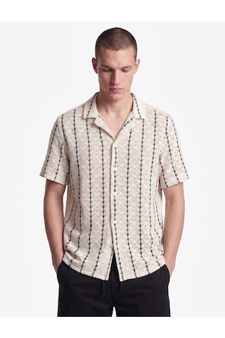 Koton Regular Fit Kısa Kollu Pamuklu Devrik Yaka Ajurlu Gömlek Siyah Çizgili 6sam60097nw