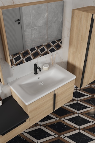 Zakkum 120 Cm %100 Mdf Lavabolu Banyo Dolabı Dolaplı Aynalı Üst Dolap Boy Dolabı Havluluk Lefkas Meşe